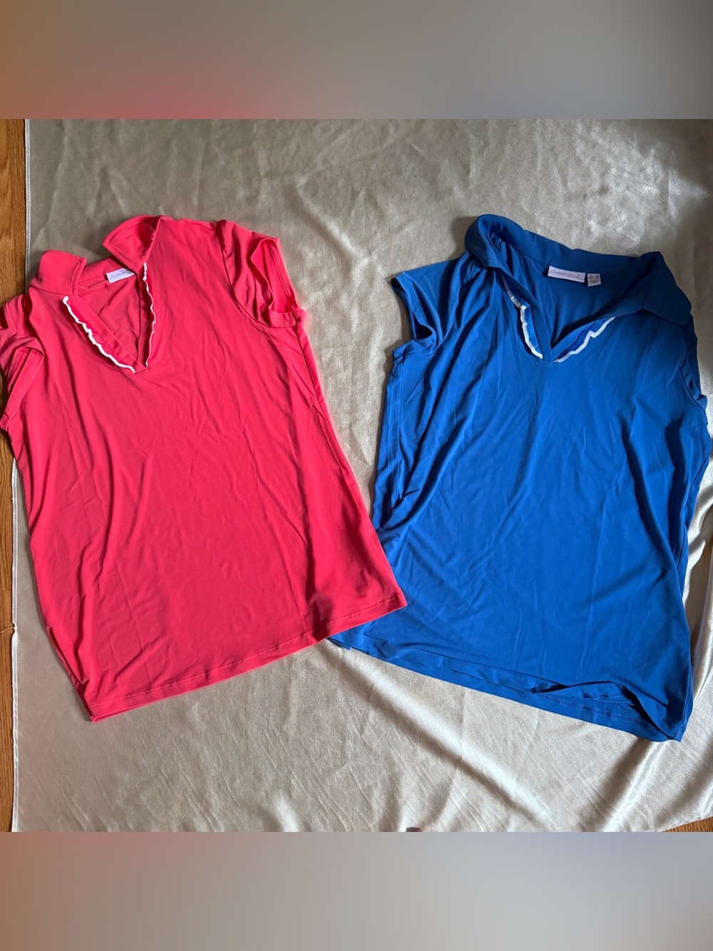 Susan Graver Liquid Knit V-Neck Tops with Ruffle- Set Of 2 Pink And Blue Size S